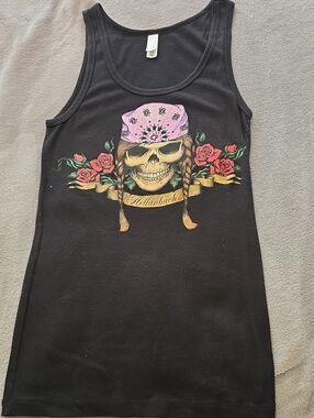HELLENBACH Black Graphic Skull Tank Top with Pink Bandana